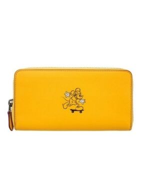 Disney x Coach Mickey Mouse Skateboard Yellow Leather Accordion Zip Wall…